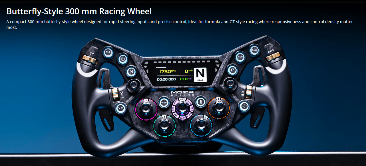 Butterfly-style 300 mm racing wheel with a digital display and many colored buttons for precise racing simulations