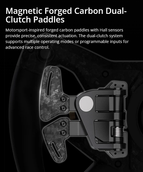 Close-up of forged carbon dual-clutch paddle shifters with Hall sensor actuators for precise race control.