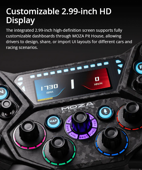 MOZA Racing cockpit with a 2.99-inch HD display showing RPM and speed, surrounded by colorful control dials and buttons.