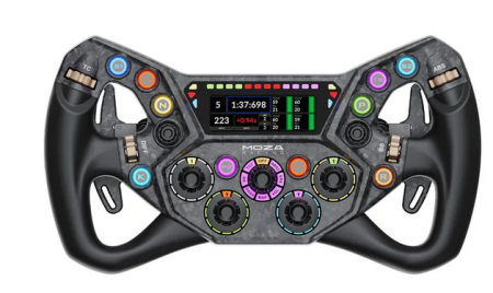 Ergonomic racing-style sim wheel with numerous colorful programmable buttons, dials, and a central LCD display marked MOZA.