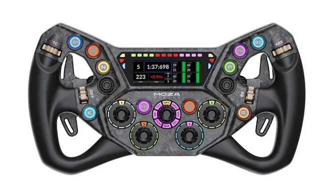 Ergonomic racing-style sim wheel with numerous colorful programmable buttons, dials, and a central LCD display marked MOZA.