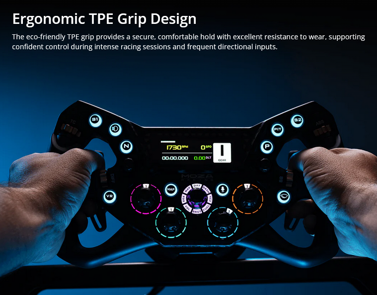 Racing wheel controller with illuminated gauges held by two hands, showcasing ergonomic TPE grip design and dashboard display in blue lighting
