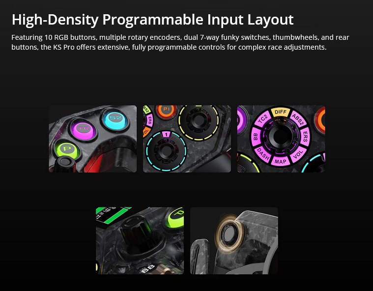High-density programmable input layout with RGB rotary encoders and buttons on a dark background used for racing controls