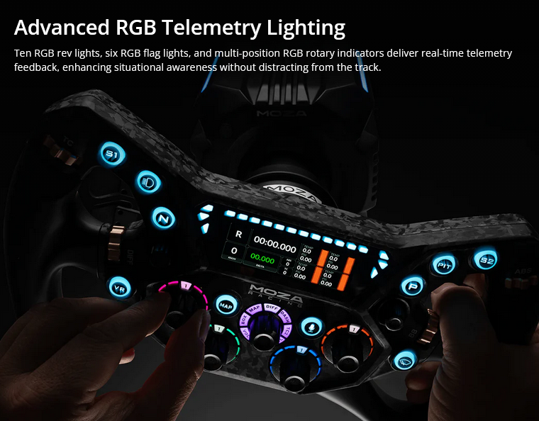 Close-up of a racing wheel with glowing blue RGB buttons and a digital telemetry readout, advertised as Advanced RGB Telemetry Lighting.